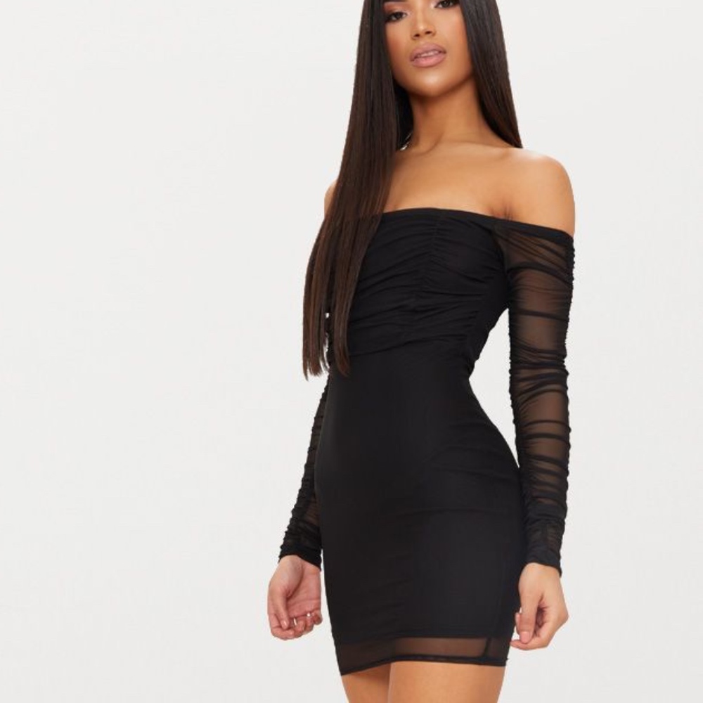 BLACK RUCHED MESH BARDOT BODYCON DRESS